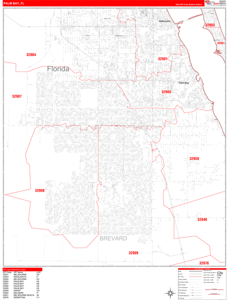 Palm Bay City Digital Map Red Line Style